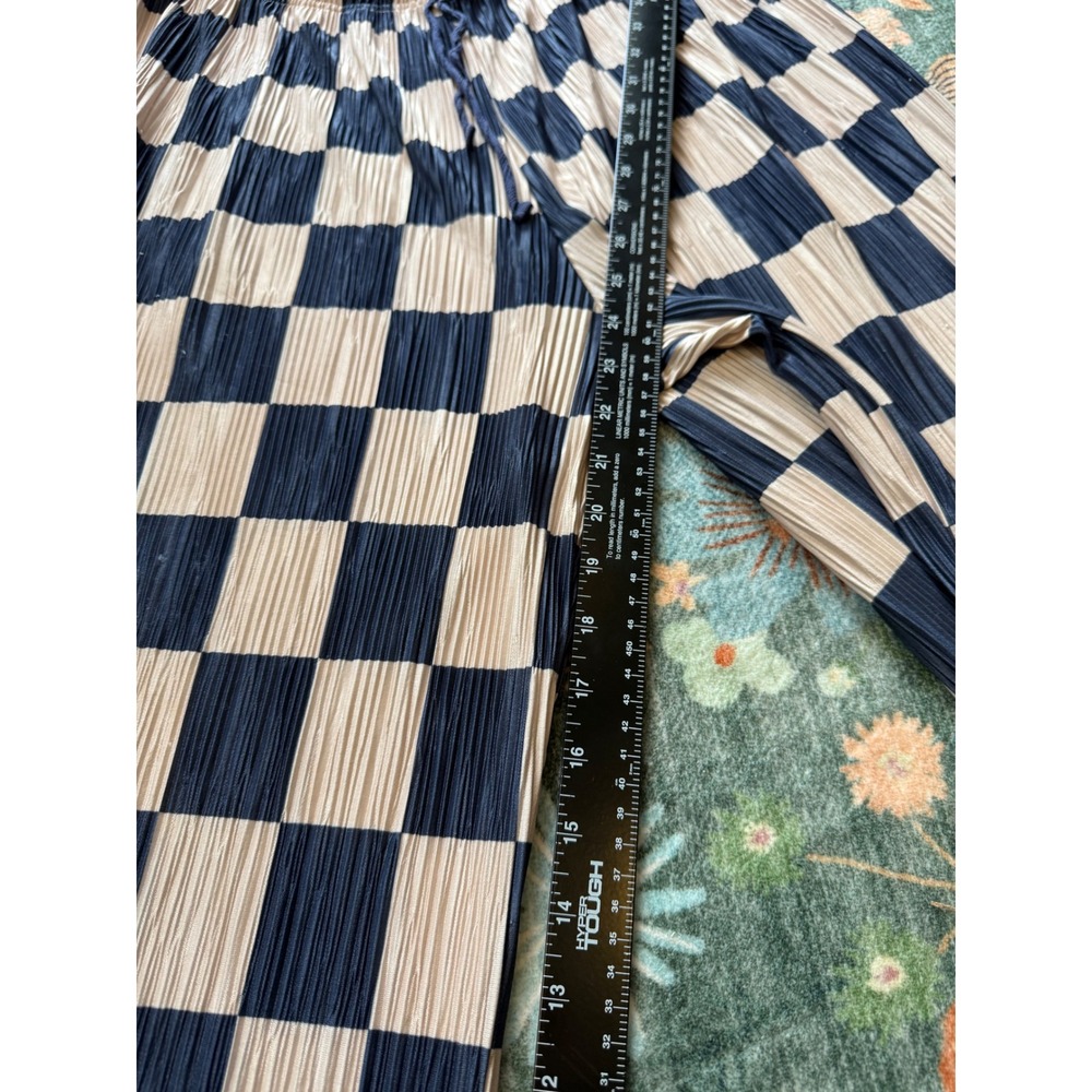 Silence + Noise Checkered Plisse Wide Leg Pants Navy Tan Small Elastic Waist - Picture 4 of 14